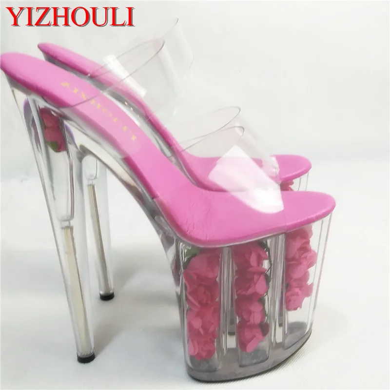 Summer style romantic rose crystal shoes, stage performance high 20CM transparent slippers