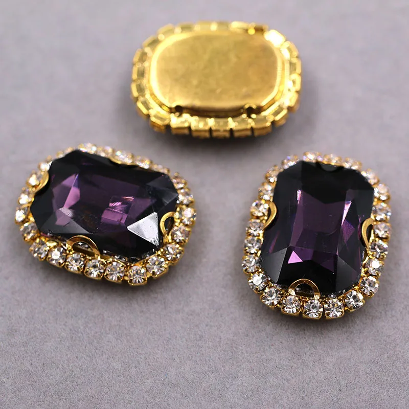 Free shipping Gold base Rectangular octagonal shape Deep purple sew on rhinestones glass Crystal button DIY clothing accessories