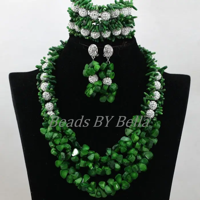 

Exclusive Nigerian Green African Coral Beads Jewelry Set Chunky Bib Statement Necklace Set Silver Zircon Free Shipping ABK739