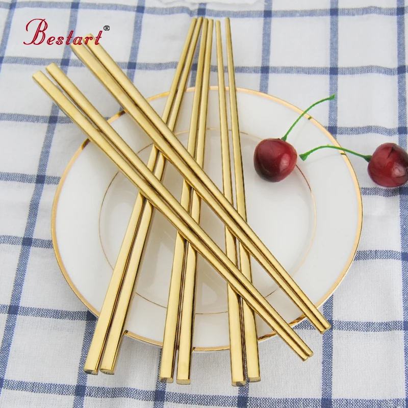 Hot Chinese Chopsticks Metal Gold Stainless Steel Square Stick Sushi Chinese Noodle Chop Sticks Long Baguette Cool Eating Tool