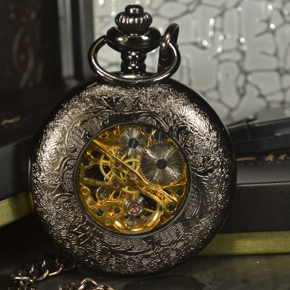 TIEDAN Steampunk Luxury Fashion Antique Skeleton Mechanical Pocket Watch Men Chain Necklace Casual Pocket & Fob Watches Blue