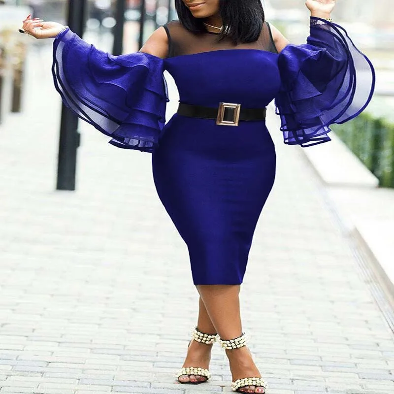 Africa Clothing Plus Size Mesh Ruffles Sleeve Dress Women Sexy O-Neck Perspective Slim Dress Office Lady Party S-6XL