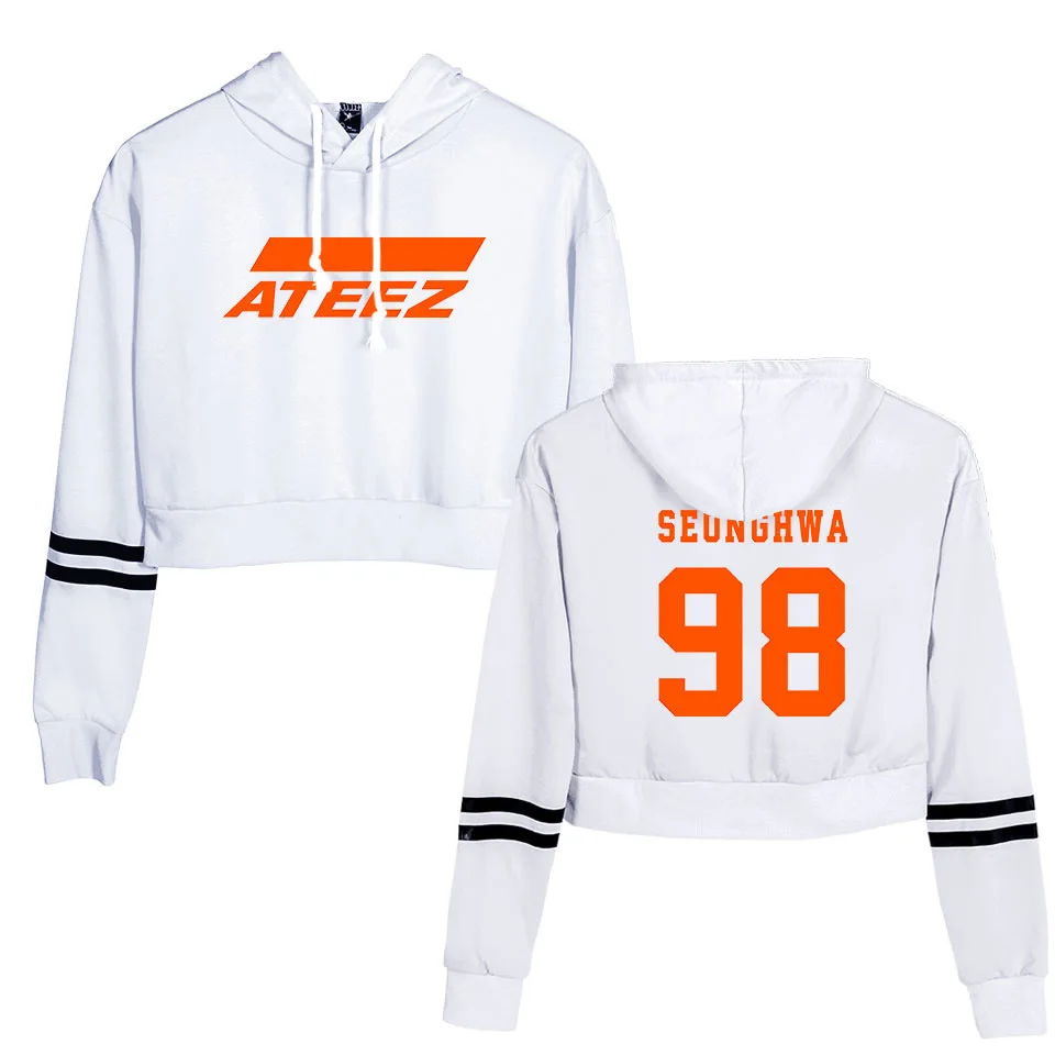 Korean Team ATEEZ KPOP Crop Top Hoodie Harajuku Cropped Sweatshirt Streetwear Hip Hop Long Sleeves Pullover Tops Sudaderas Mujer