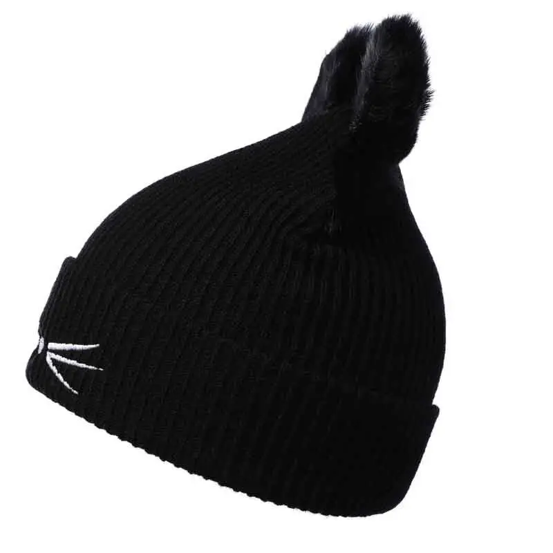 Winter Warm Hats for Women\'s Cat Ears Skullies Hat Black Hats Hot Drilling 2024 New Beanies Girls Rhinestone Outdoor Cap Head