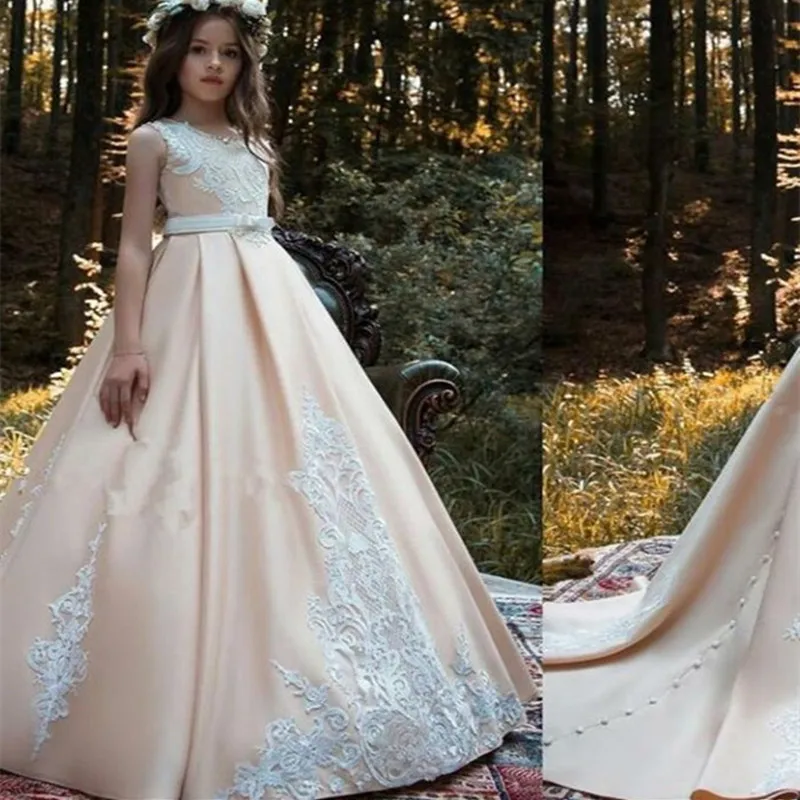 Neue Blume Mädchen Kleid Elegante Satin Applique Hochzeit Mädchen Erstkommunion Ärmellose Kleider Party Kleider Für Besondere Anlässe