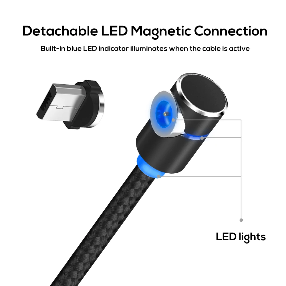 TOPK L-Line1 1M & 2M LED Magnetic Micro USB Cable 90 Degree L Shape Magnet USB Charger Cable for Micro USB Port and Connectors