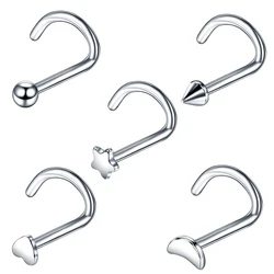 5pcs/lot Steel Heart Star Moon Logo Nose Screw Rings L Shape Nose Bone Stud Retainer Holder Nazir Stud Piercing Body Jewelry 20G