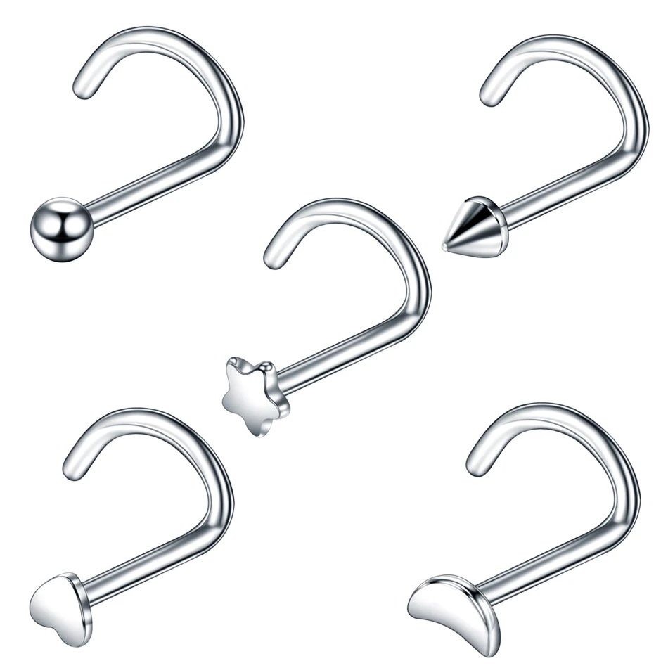 5pcs/lot Steel Heart Star Moon Logo Nose Screw Rings L Shape Nose Bone Stud Retainer Holder Nazir Stud Piercing Body Jewelry 20G