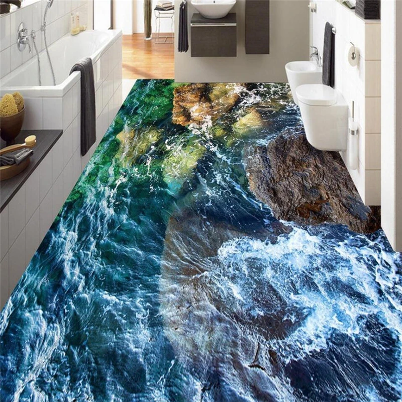 beibehang Wonderland Coast Stone 3D Living Room Bathroom Floor Customized Large pvc Wear Resistant Waterproof Plastic Film