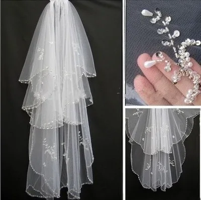 Fashion White Ivory 1.5 meter Full hand beading Wedding veils 2025 Veu de noiva longo Cheap bridal veil sluier veu de noiva