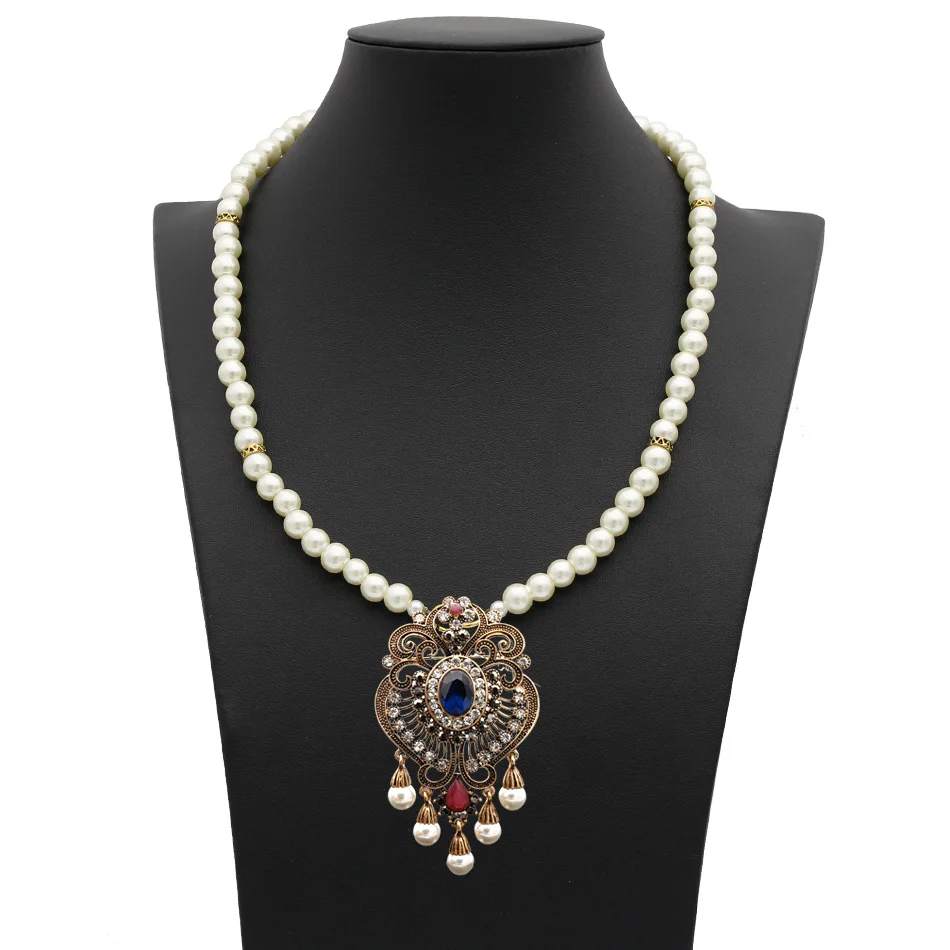 Vintage Flower Strand Bead Pendant Necklace Set Women Antique Simulated-pearl Chain Turkish Bridal Indian Wedding Resin Jewelry