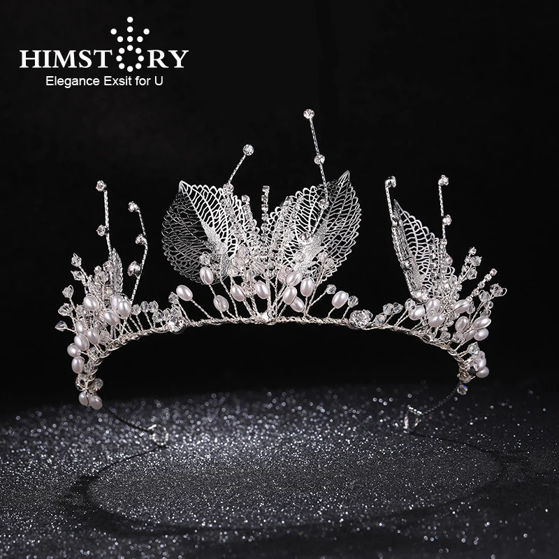 

Himstory Romatic Handmade Crystal Pearl Bridal Headbands White Leaf Wedding Tiaras Crown Women Bride Hairbands Hair Accessory