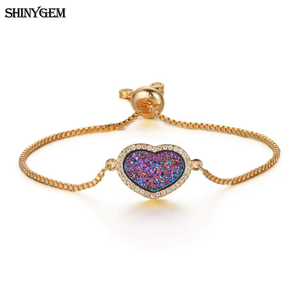 

ShinyGem Fashion Rainbow Druzy Bracelets Elegant Natural Crystal Heart Charm Bracelets Pave Zircon Love Gift Bracelets For Women