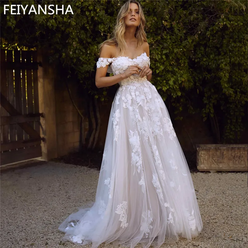 Vestidos de novia de encaje con hombros descubiertos, ropa de novia de línea A, vestido de novia de princesa, envío gratis, 2019