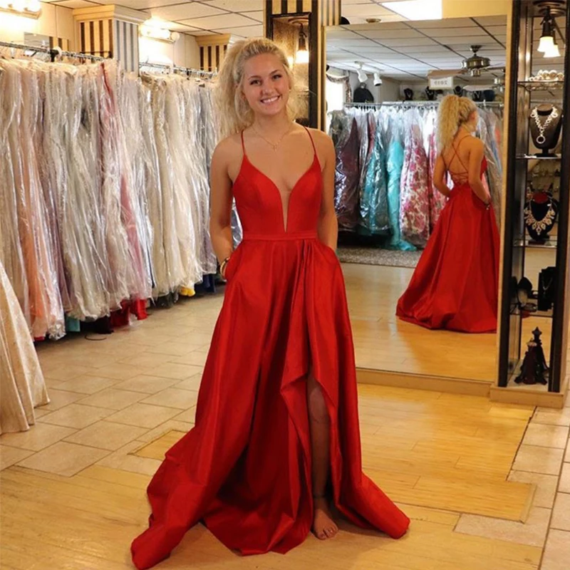 2019 A-line Evening Dresses Long CrissCross Back Floor Length Backless Red Prom Dress Short Front Long Back Formal Evening Dress