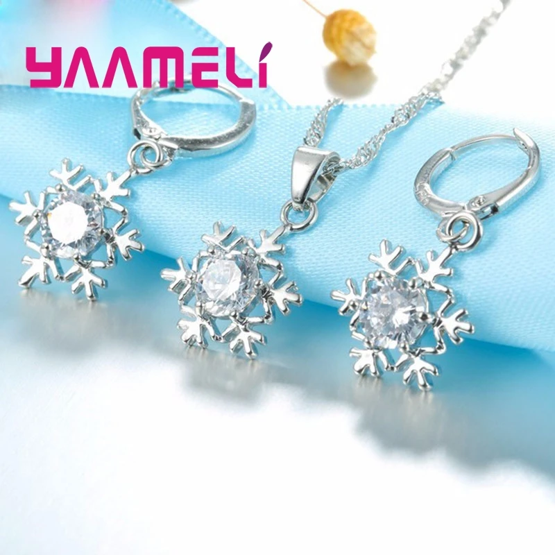 Qualified Snowflake Women 925 Sterling Silver Color Jewelry Set Zircon CZ Crystal Pendant Necklace Earrings Party Gift