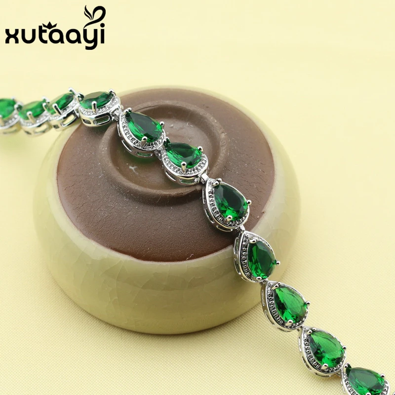 Hot Sell Silver Color Jewelry For Women Water Drop Green Imitated Emerald  Fashion Link Chain Bracelets Length 18+2cm Free Box