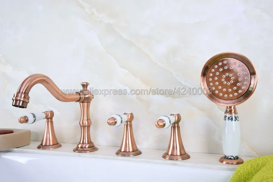 

Antique Red Copper Widespread Tub Faucet Three Handles Brass Roman Tub Mixer Taps with Hand Shower Ktf214