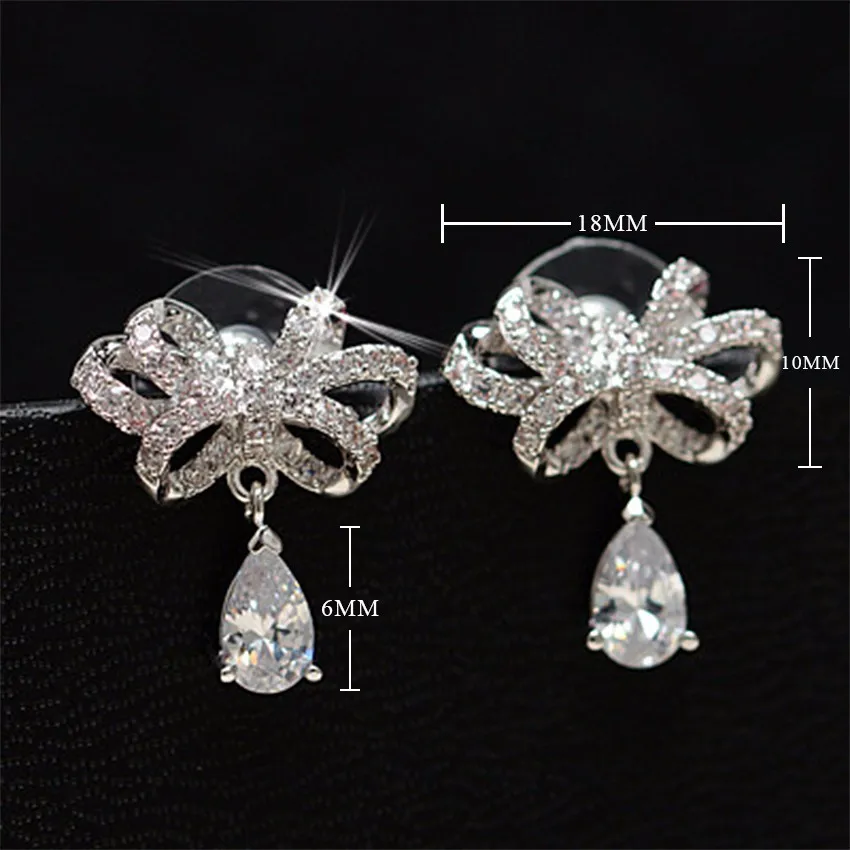 925 silver needle Jewelry Shiny Cz Zirconia Bowknot Stud Earrings Pendientes Boucles D\'oreilles S-e349