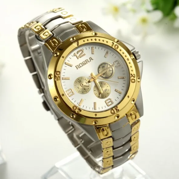 ROSRA-Reloj de pulsera de acero inoxidable para hombre, cronógrafo de lujo, decoración de esfera redonda, dorado