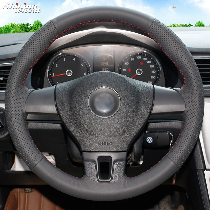 

Shining wheat Hand-stitched Black Leather Car Steering Wheel Cover for Volkswagen VW Tiguan Lavida Passat B7 Jetta Mk6