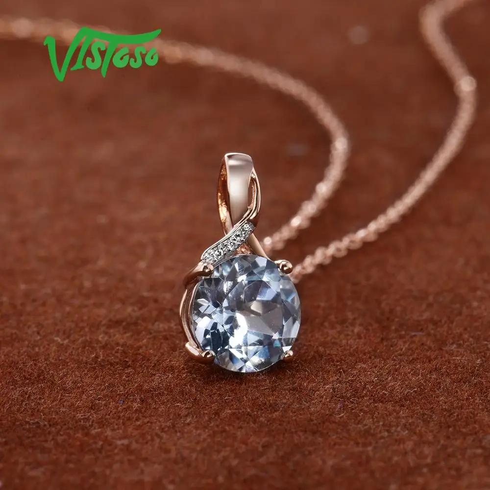 VISTOSO Gold Pendant For Women Genuine 14K 585 Rose Gold Radiant Blue Topaz Sparkling Diamond Pendant Delicate Fine Jewelry