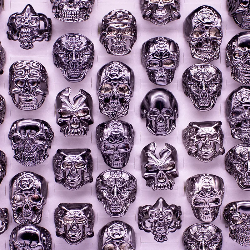 Wholesale lot 12 pcs Black Mix Men Gift Men Punk Style Jewelry Skull Ring Skeleton Pattern Man Gothic Biker Rings Party Gift