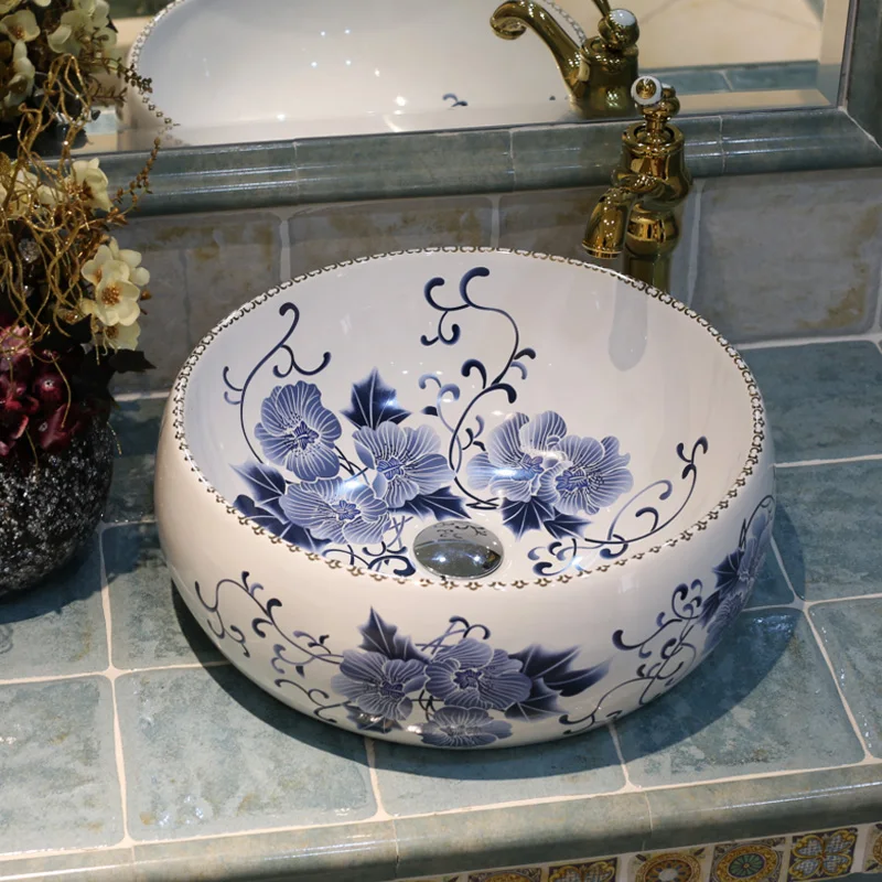 

Europe Vintage Style Lavobo China Art Ceramic Washing Basin Bathroom Counter top Bathroom Sink blue and white wash basin