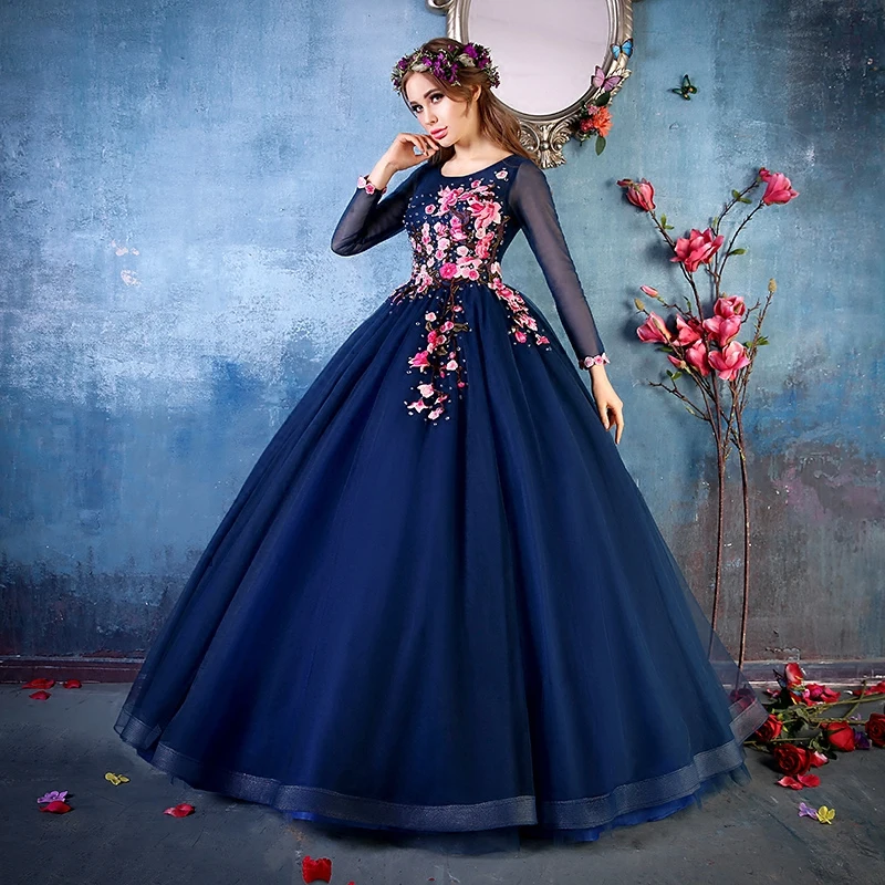 

100% real navy blue embroidery beading vine ball gown medieval dress Renaissance Gown queen cosplay Victorian /Marie Belle Ball