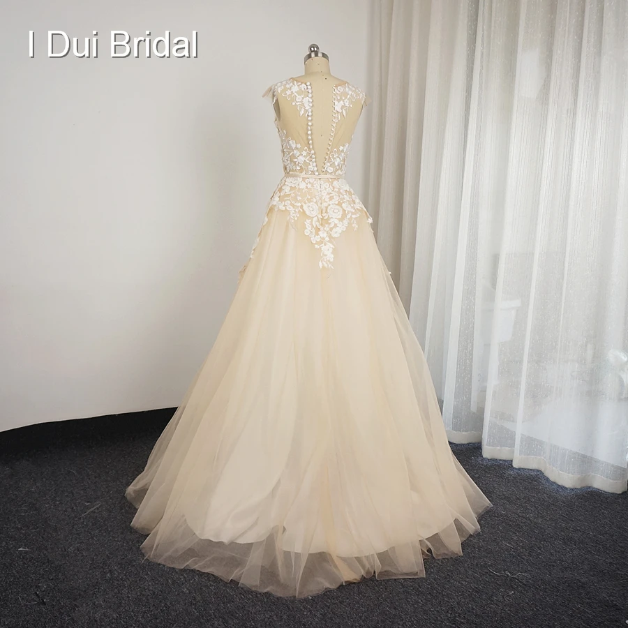 Vestido de casamento rendado de marfim champanhe, foto real, manga curta, apliques para a linha, s 001