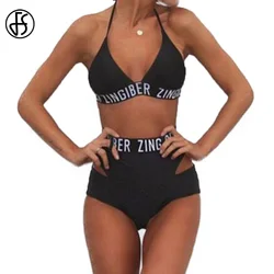 FS conjunto de bikini de corte alto para mujer, traje de baño de talla grande con letras negras, Top Halter, traje de baño de cintura alta