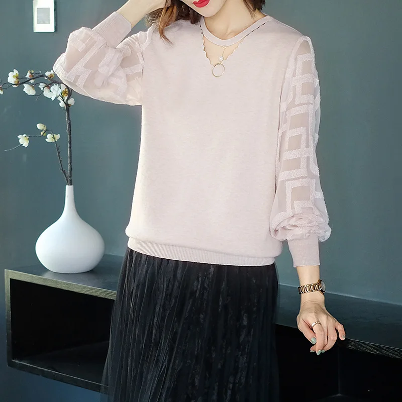 

Knitted Sweater Lace Net Yarn Stitching Top Women Loose Round Collar Casual Jumper Tops Female Long Sleeve Sweaters Wear H9365