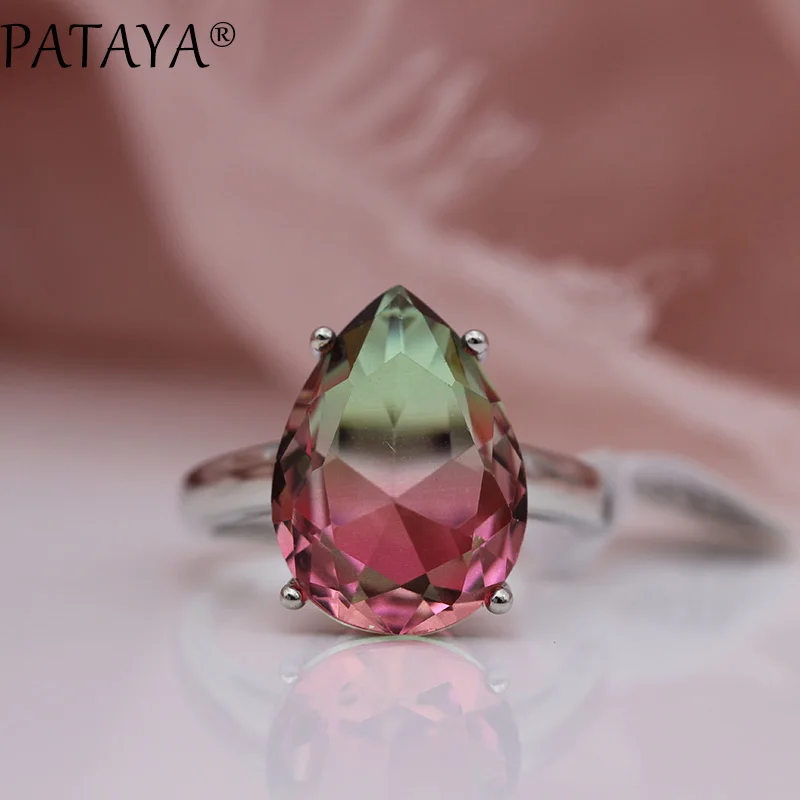 PATAYA New True White Gold Water Drop Tourmaline Color Natural Zircon Long Dangle Earrings Rings Sets Women Wedding Jewelry Set