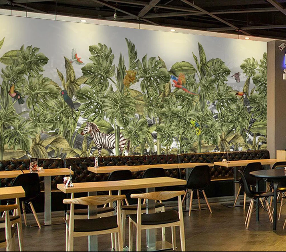 Custom wallpaper Hand-painted tropical forest plant background wall