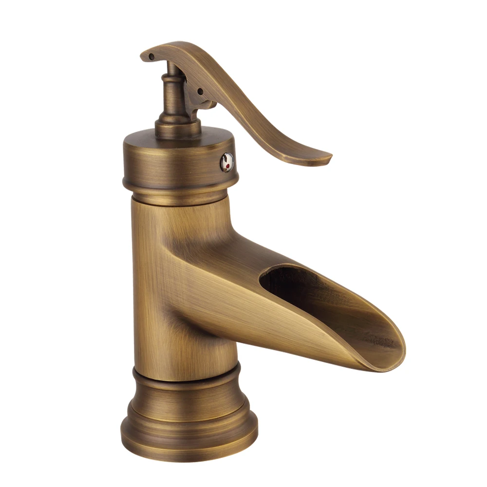 

Antique Classic Brass Faucet Bathroom Faucets Quick Open Deck Mount Sink Basin Mixer Tap Wiredrawing Brass Waterfall Faucet