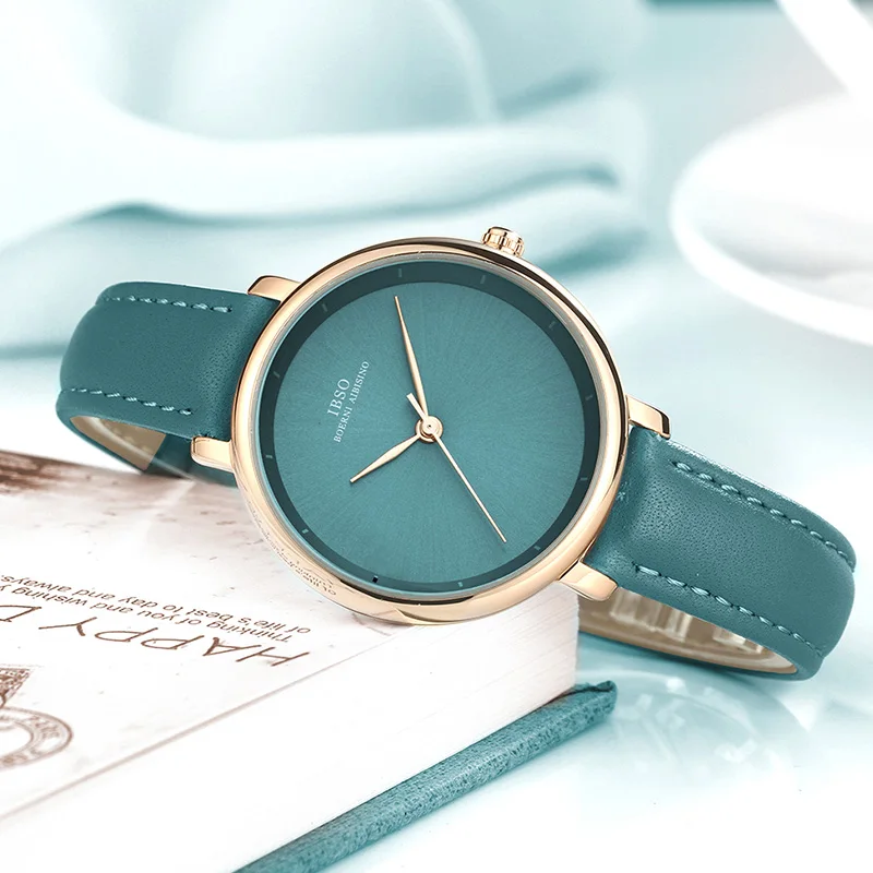 IBSO New Brand Fashion Simple Women Watches 2021 Green Genuine Leather Strap Ladies Quartz Watch Female Waterproof Montre Femme