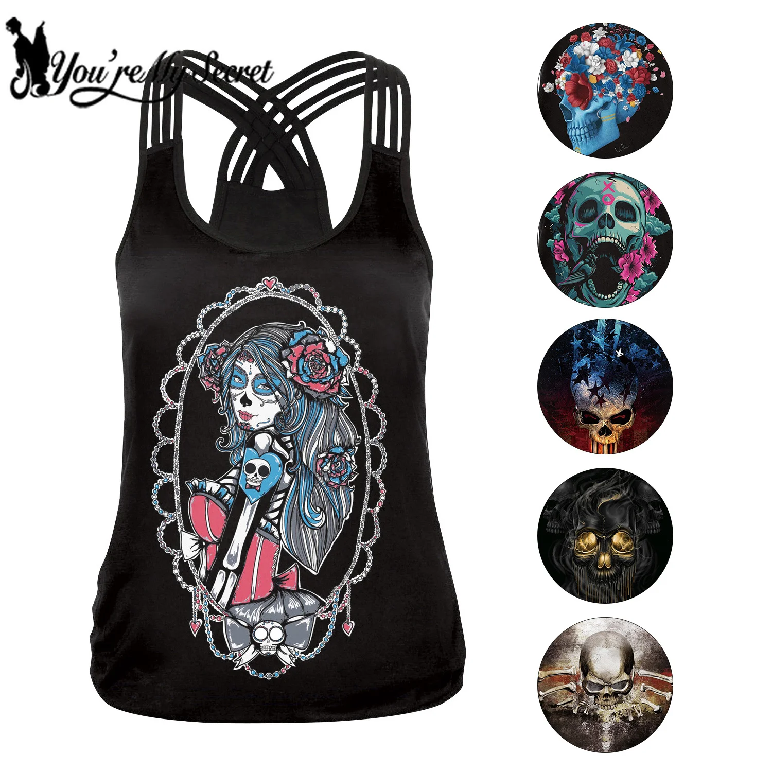 

[You're My Secret] 2021 New Women Tops Fashion Halloween Graphic Tank Tops Gothic Camisole Cross Straps Sleeveless Vest Tshirt