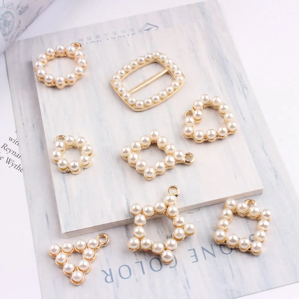 Wholesale 50PCS/Lot Gold Color White Pearl Rhinestones Alloy Charms Round Heart Star Square Traingle Simplify Pendant Charm