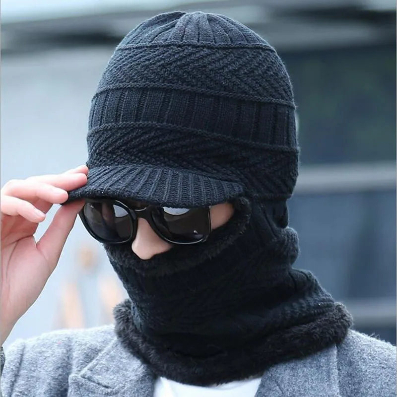 New Balaclava Winter Women Men\'s Skullies Wool Knitted Balaclava Cap Ninja Mask Thermal Plush Pocket Hat Unisex Snow Cap