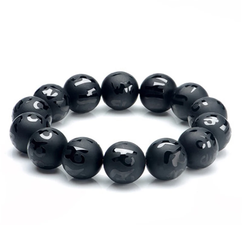 Natural Stones Black Onyx Six-Word Mantra Bracelet Scrub Single Circle Beads Bracelets For Men and Women Jewelry Strand Bracelet