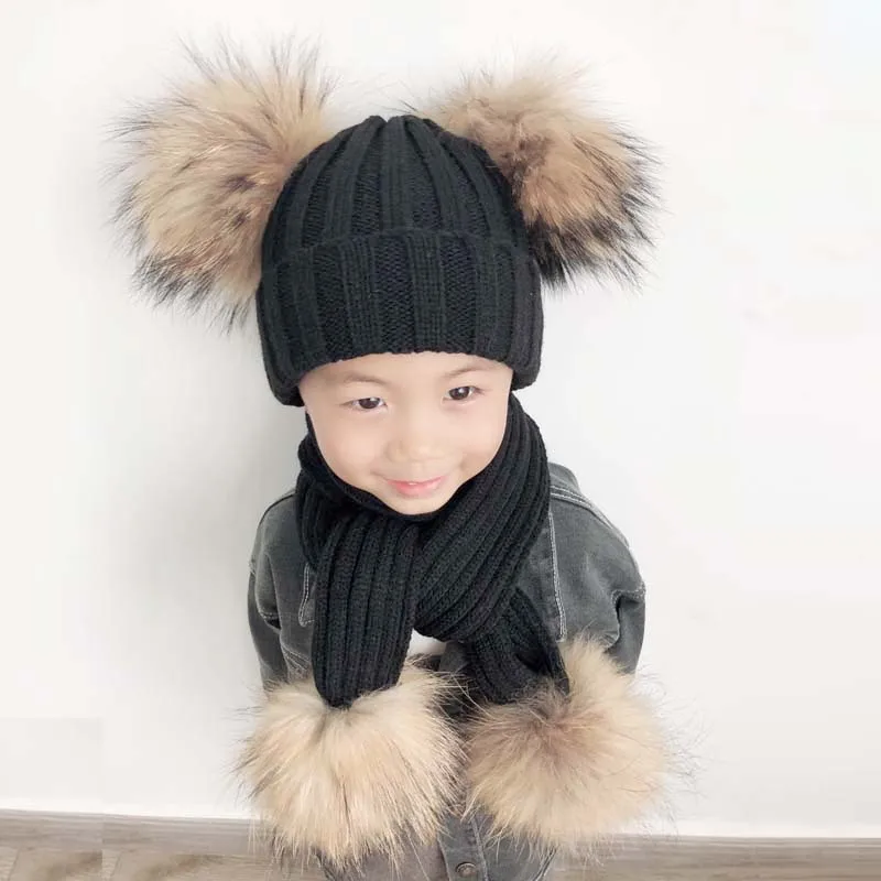 4 Pieces Pompom Hat Scarf Kids Winter Beanie Boys Girls Winter Cap Children Real Fur Pompom Hats Baby Knitted Hat and Scarf Set