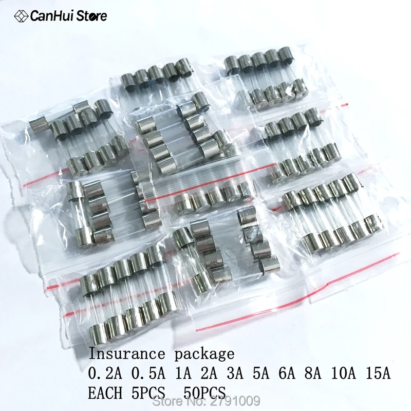 50 STKS/PARTIJ 10 Soorten 5x20mm Snelle Glaszekering Kit In Pakket 0.2A 0.5A 1A 2A 3A 5A 6A 8A 10A 15A/250 V 5*20 Verzekering Buis Pakket