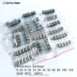 50ピース/ロット10種類5 × 20ミリメートル高速ガラスヒューズキットでパッケージ0.2a 0.5a 1a 2a 3a 5a 6a 8a 10a 15a/250ボルト5*20保険管パッケージ