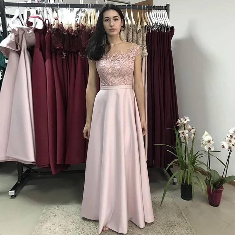 Blush Pink Long Prom Dresses Scoop Neck Cap Sleeves A-line Satin Appliques Women Formal Party Dress Special Occasion Gowns