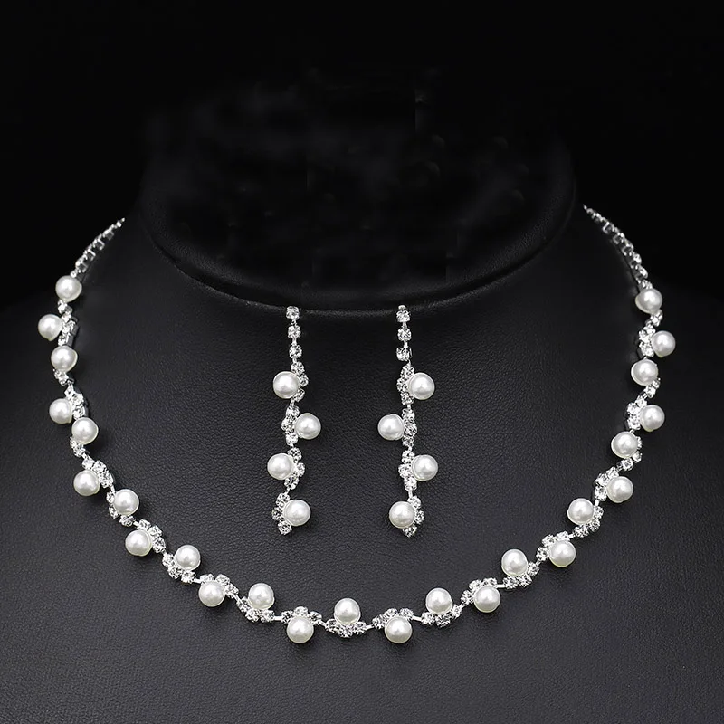 TREAZY Simulated Pearl Bridal Jewelry Sets Fashion Rhinestone Choker Necklace Earrings African Wedding Jewelry Sets for Women