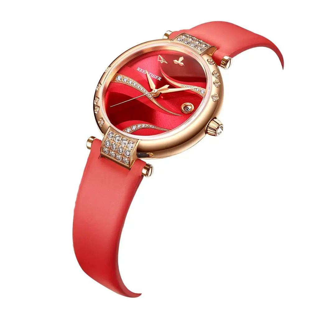 Récif Tiger – montre étanche automatique pour femme, boîtier en or Rose, avec diamants en acier inoxydable, cadran rouge, RGA1589