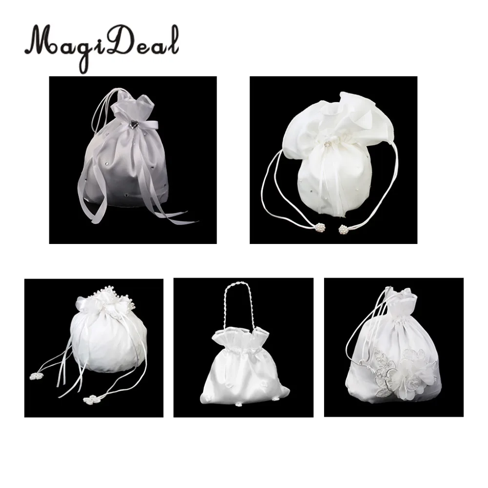 MagiDeal Satin Pearl Rhinestone Wedding Bridal Flowers Girls Dolly Bag Handbag Wedding Party Favors Gifts Candy Bag