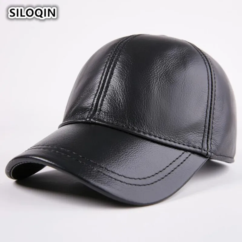 SILOQIN Adjustable Size Men's Winter Warm Genuine Leather Baseball Caps With Earmuffs Youth Cowhide Leather Brand Dad Visor Cap