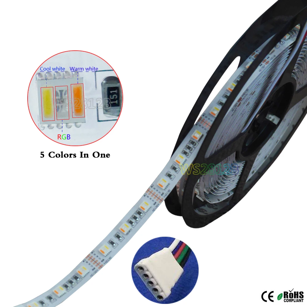 5M DC12V 24V RGBWW 5 Color in 1 LED Chip LED Strip SMD 5050 Flexible Light RGB+CCT Cool White&Warm White 60LEDs/M IP30 IP67