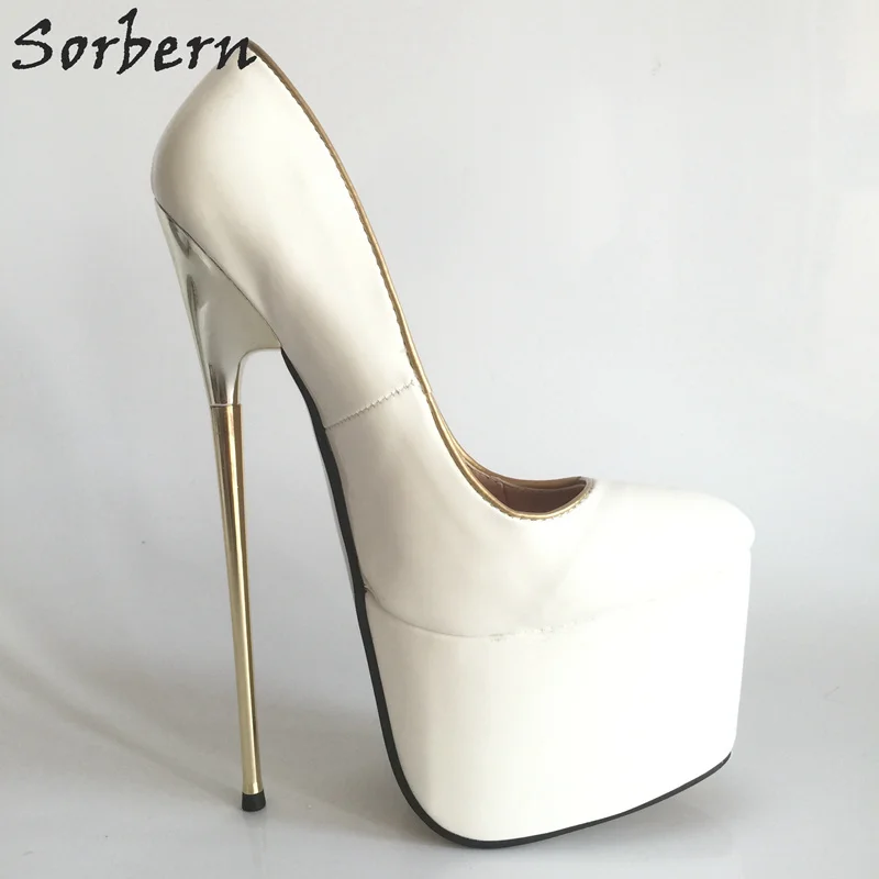 Sorbern 22Cm White High Heels Women Shoes Pumps Thick Platforms Metal Gold Thin Heel Slip-On Ladies Shoes Sexy White Heels Pumps